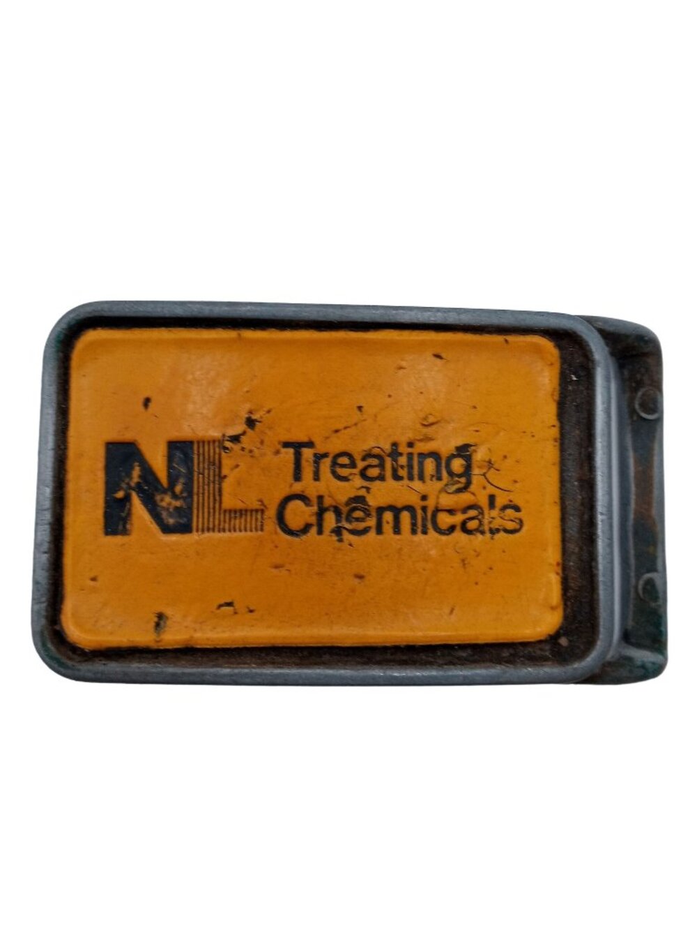 NL Treating Chemicals Belt Buckle Yellow Vintage Distressed Well Worn